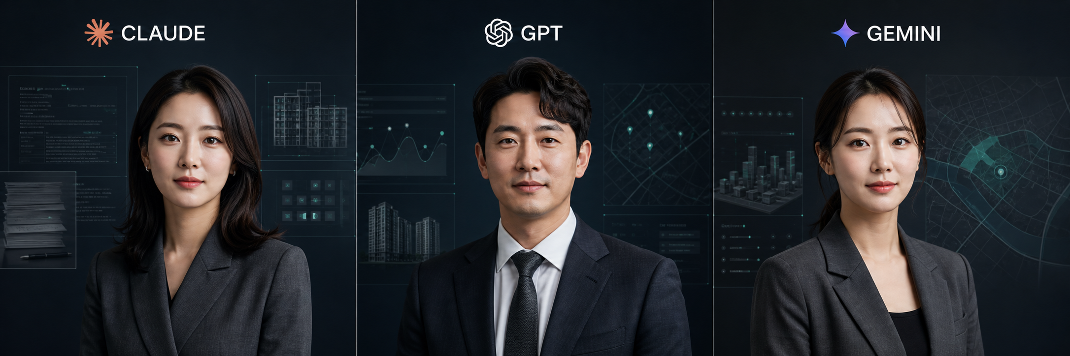 Claude, GPT, Gemini를 상징하는 AI 분석가 3인